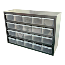 Anaquel con 20 cajitas visibles